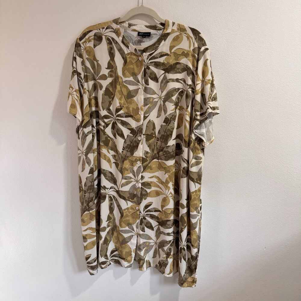 Jones New York Tunic Shirt 3X Button Front Floral Tropical Boho Cream Green
